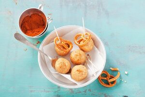 Cake pops with pepper cream cheese and salted pretzels