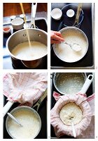 Homemade vegan cottage cheese made from soy milk being made