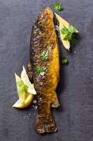 Fried trout with lemon wedges (seen from above)
