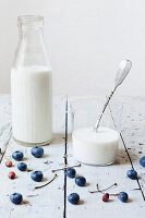 Frische Milch in einer Vintage-Flasche und im Glas
