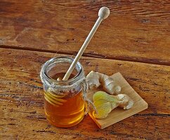 A jar of honey and root ginger