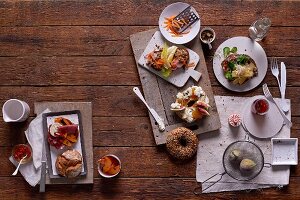 A pumpkin burger with salami and goat's cheese; mushroom bread with carrots and salad; nut bread with Comté and rosehips, and a cheese bagel with Roquefort and figs