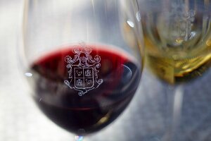 Wine glasses with the coat of arms of the Beaucastel vineyard in the Appellation Chateauneuf-du-Pape, France