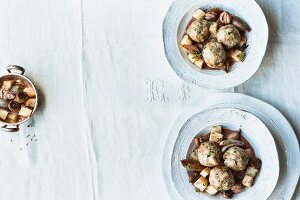 Honey cake dumplings with a celery and chestnut ragout