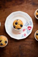 Blueberry muffins on a plate and on a wooden table