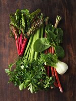 An arrangement of various leafy and stemmed vegetables