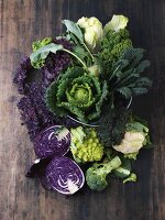 A still life featuring assorted cabbages