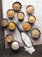 An arrangement of various grains and flour