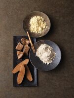 An arrangement of various seitan products and sweet lupine flour