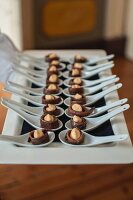 Anchovy rolls as spoon canapés on a tray
