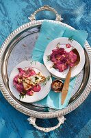 Marinated and grilled halloumi on a beetroot salad with pine nuts