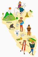 An illustration of Peru featuring typical attractions on a map
