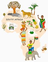 Symbolbild für Südafrika mit typischen Attraktionen auf Landkarte (Illustration)