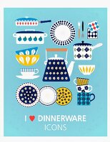 Verschiedene Icons zum Thema Küchenzubehör vor blauem Hintergrund (Illustration)