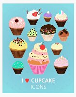 Verschiedene Icons zum Thema Cupcakes vor blauem Hintergrund (Illustration)