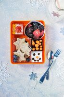 Verschiedene winterliche Snacks in Plastikbox zum Mitnehmen