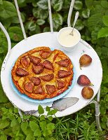 Fig tarte tatin with vanilla sauce on a garden chair