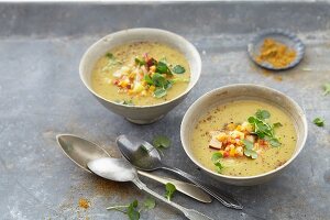 Red lentil soup with smoked tofu, potatoes and tomatoes