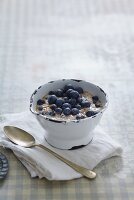 Vegan power muesli with blueberries and almond milk