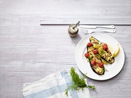 Baked aubergines with feta cheese, tomatoes and chilli(low carb)