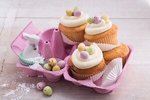 Easter cupcakes with eggnog, cream cheese frosting and sugar eggs