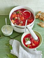 Beetroot stew with prime boiled beef and a horseradish dip