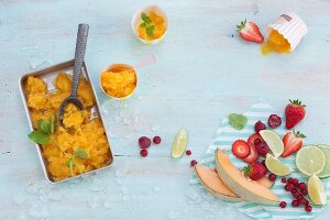 An arrangement of fruit granita and fresh fruit