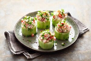 Cucumber slices filled with smoked mackerel