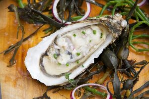 An oyster with chives and shallots