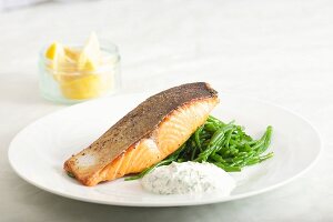 Fried salmon with samphire and a dill cream sauce
