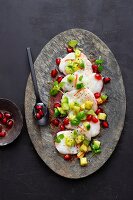 Oriental monkfish carpaccio with pomegranate seeds and avocado