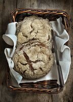 Two loaves of rye bread in a bread basket