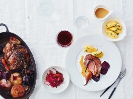 Beef stew with polenta dumplings and a red cabbage salad