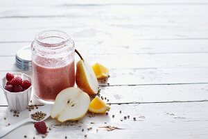 A raspberry and hemp smoothie with pears