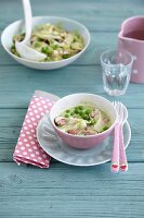 Chicken fricassee in creamy leek with peas