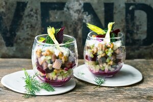 Mini soused herring layered salad