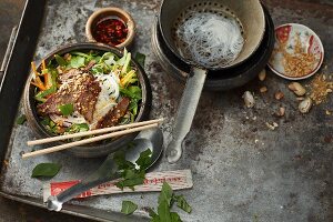 Thai beef salad with rice noodles and peanuts