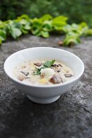 Salon mushroom soup with diced potatoes and sour cream at the romantic hotel 'Jagdhaus Waldidyll' im Hartenstein
