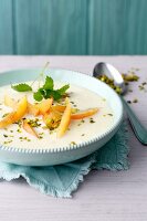 Kefir cold soup with sea buckthorn purée and yellow plums (simply glyx)