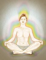 A woman sitting in the lotus position with an aura