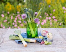 Lauch, Schnittlauchblüten und Knpblauch auf Gartentisch