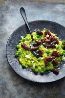Pea risotto with morel mushroom nut butter