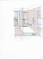 An illustration of a fully accessible shower with a glass panel