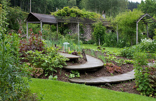 Winding wooden path through the garden