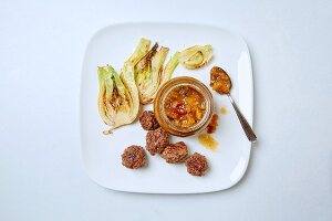 Exotic nectarine chutney with garam masal, served with pan-fried fennel and meatballs