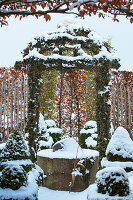 Pergola, climbing plants and snow-covered shrubs in the garden