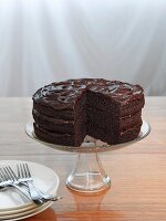 Whole Chocolate Frosted Cake on Cake Stand