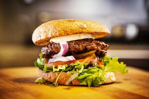 Hamburger on plate in restaurant