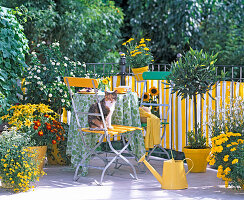 Balcony with yellow (white striped covering into the railing)