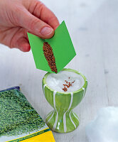 Cress sowing in green egg cup with white stripes (1/3)